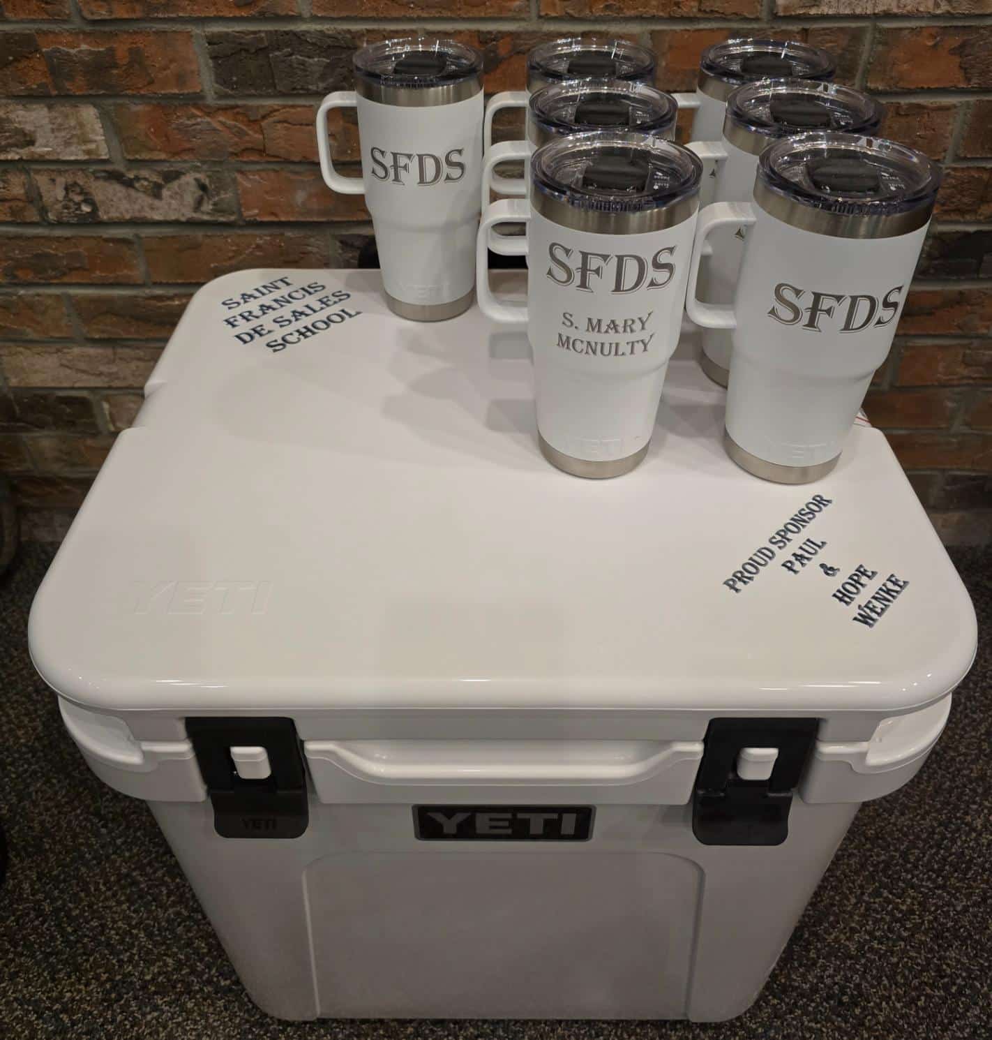White Engraved Mugs on Cooler